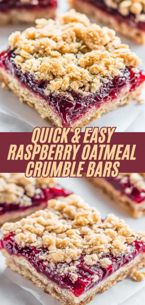 raspberry oatmeal crumble bars with a glossy red raspberry filling, topped with a crumbly streusel, on white parchment paper.