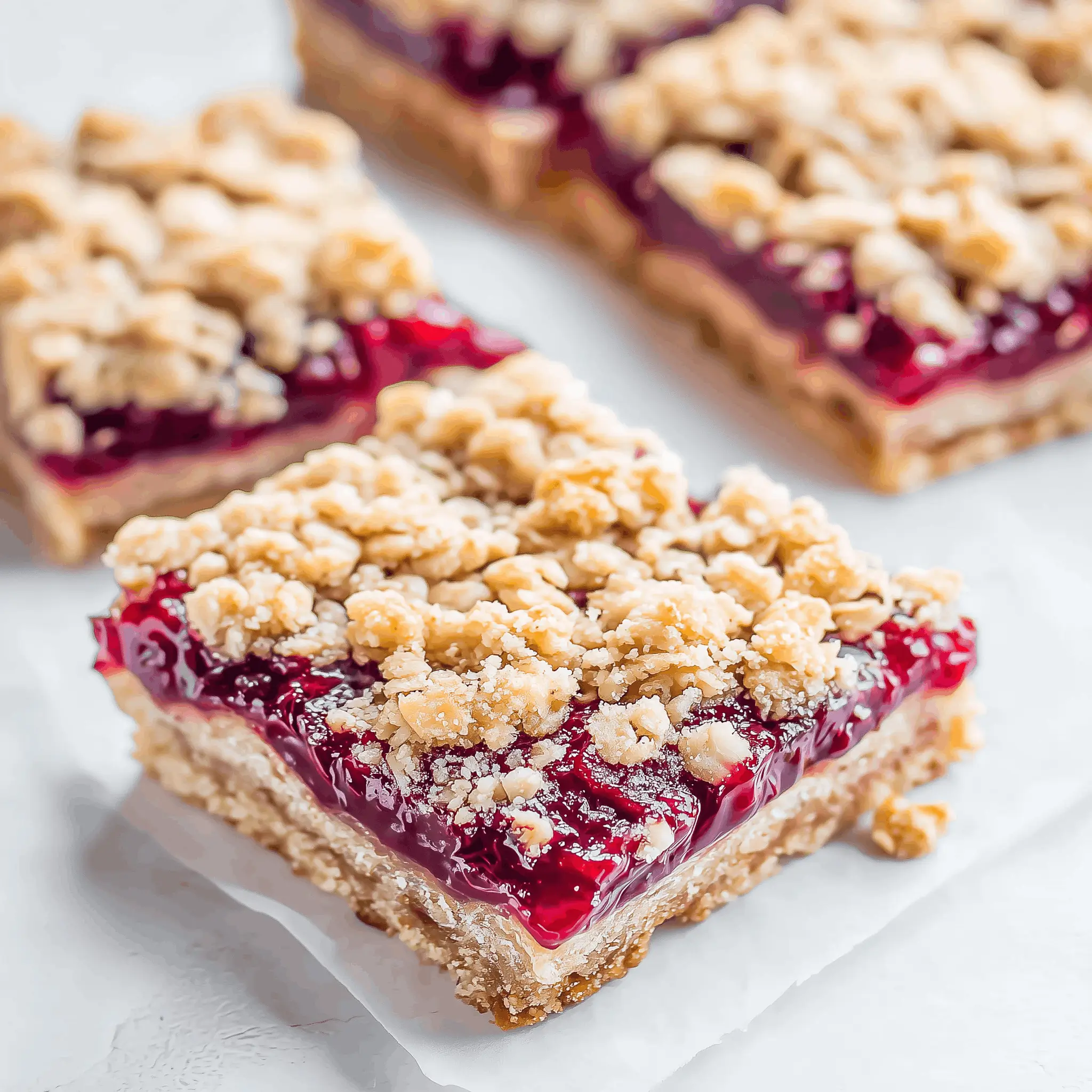 raspberry crumble bars with a crumbly streusel topping, vibrant red raspberry filling, and a golden-brown crust, arranged on white parchment paper.