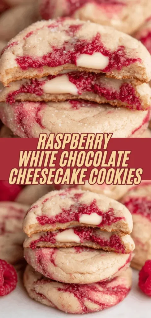 Close-up of raspberry white chocolate cheesecake cookies with a marbled exterior, filled with white chocolate and raspberry swirls.