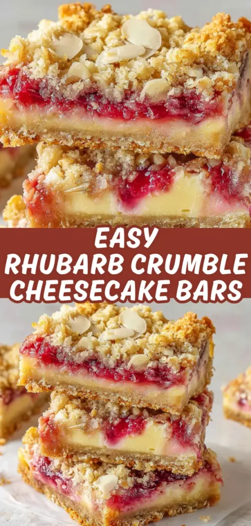 Close-up of stacked slices of rhubarb crumble cheesecake bars, showing a layered dessert with a crumbly topping, creamy cheesecake layer, and vibrant red rhubarb filling.