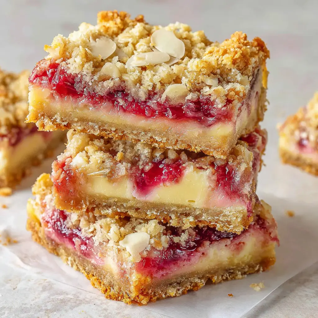 Three stacked raspberry and white chocolate crumble bars with a crumbly topping and sliced almonds on top, placed on parchment paper.