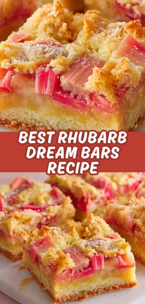 Close-up of rhubarb crumble bars with a crumbly topping and pieces of pink rhubarb visible, served on a plate.