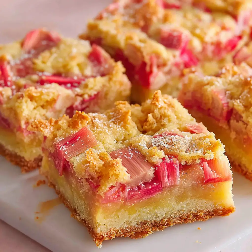 Close-up of rhubarb crumble bars with a crumbly topping and visible chunks of pink rhubarb on a white surface.
