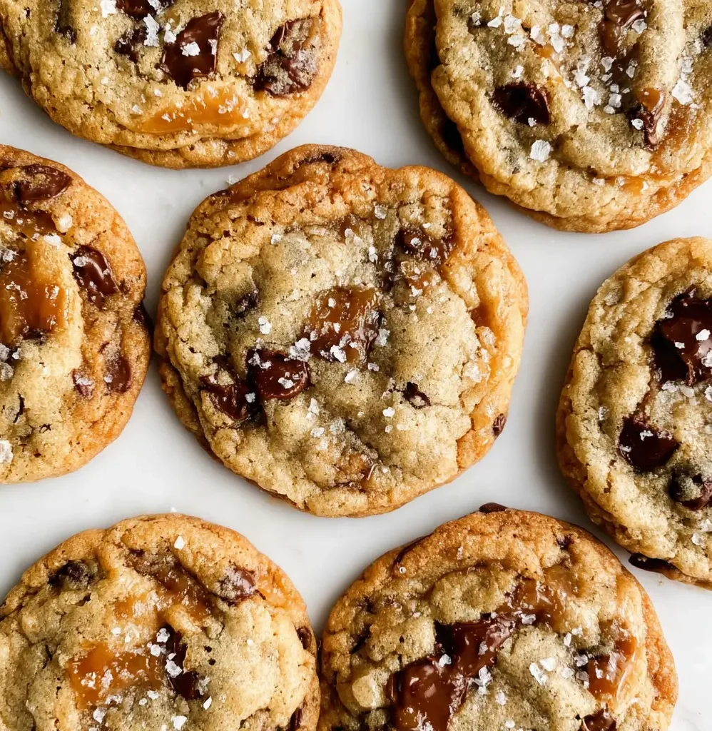 Close-up of several homemade chocolate chip cookies topped with a sprinkle of coarse sea salt, showcasing their golden-brown edges and gooey chocolate chips.