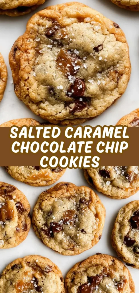 A close-up of several salted caramel chocolate chip cookies arranged on a white surface, showcasing their golden-brown edges, melty chocolate chips, caramel pockets, and a sprinkle of flaky sea salt on top.