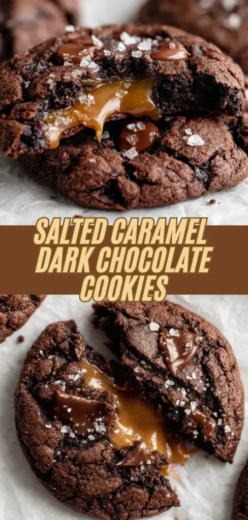 Close-up of a salted caramel dark chocolate cookie broken in half, revealing a gooey caramel center, sprinkled with sea salt flakes.