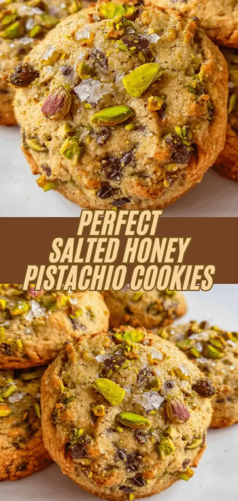 Salted honey pistachio cookies topped with chopped pistachios and sea salt.