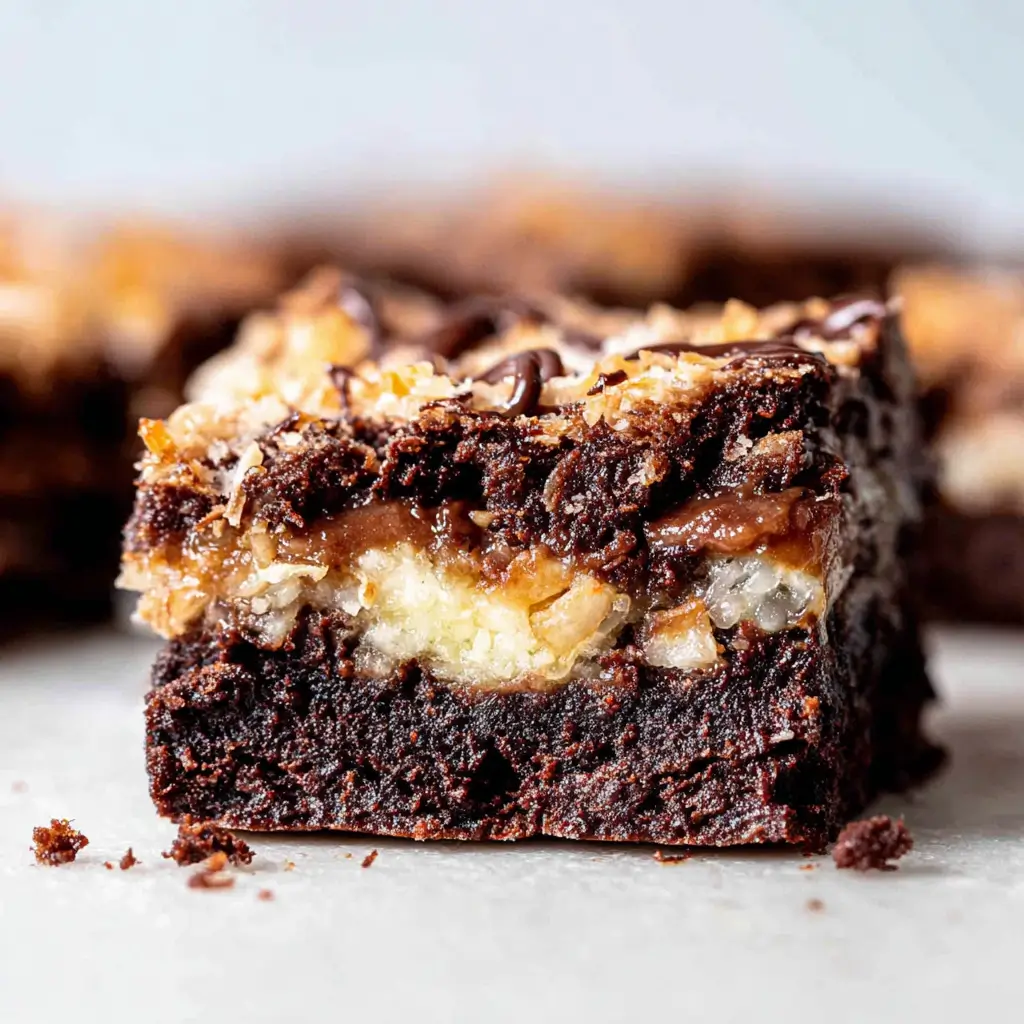 A close-up of a gooey, layered brownie bar featuring a rich chocolate top layer, a caramel and coconut filling, and a dense chocolate base, all topped with a sprinkle of chopped nuts.