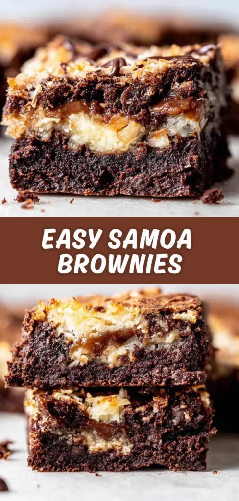 A close-up of two thick, fudgy Samoa brownies stacked on top of each other, showcasing a rich chocolate base, caramel coconut filling, and topped with chocolate drizzle and shredded coconut.