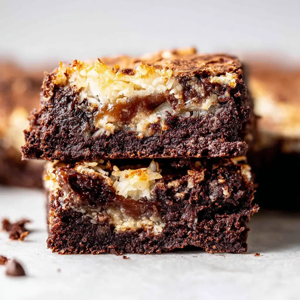Close-up of a rich, gooey brownie with a soft interior filled with chocolate chunks and swirls of caramel, topped with a slightly cracked, shiny crust.
