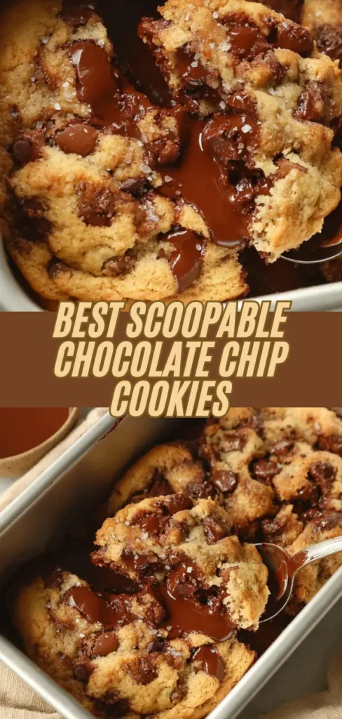 Close-up of scoopable chocolate chip cookies with gooey melted chocolate chips, served in a baking dish with a spoon.