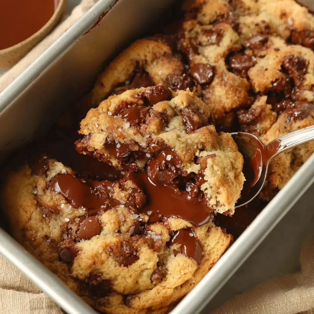 chocolate chip cookie bars with gooey melted chocolate, served in a metal baking dish with a spoon.