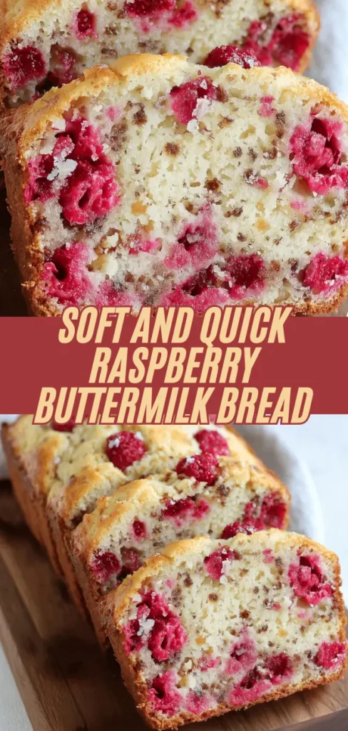 raspberry buttermilk bread with a golden crust, filled with vibrant raspberries and a moist, tender crumb, arranged on a wooden board.