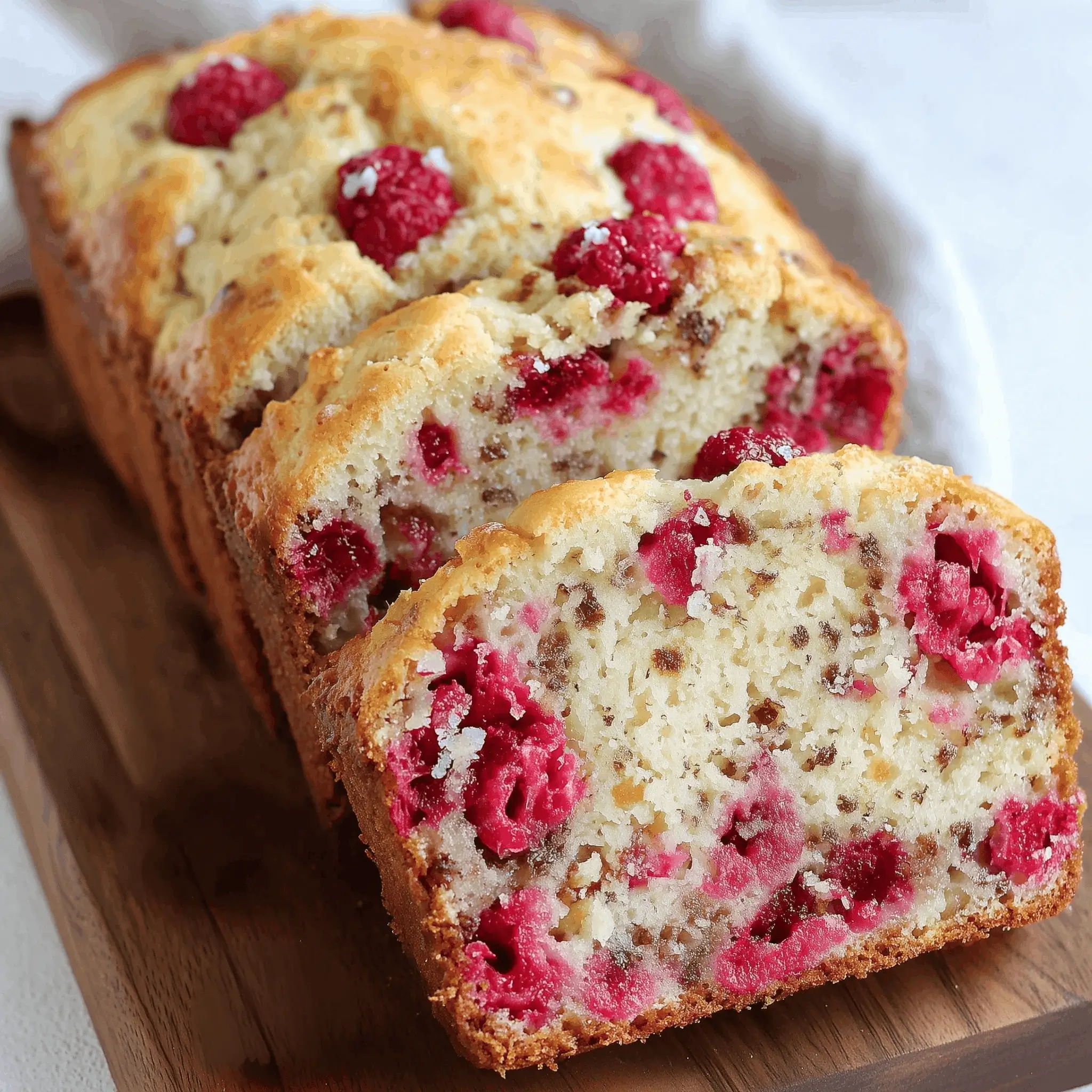 Sliced raspberry loaf cake with a golden-brown crust, filled with fresh raspberries and a moist, tender crumb, served on a wooden board.