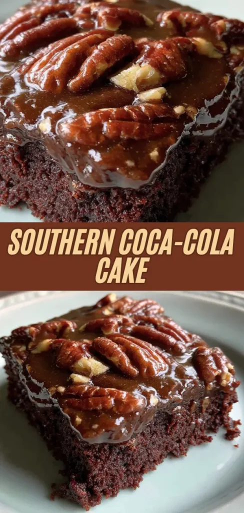 Close-up of a rich, moist Southern Coca-Cola Cake topped with pecans and a glossy chocolate glaze, served on a plate.