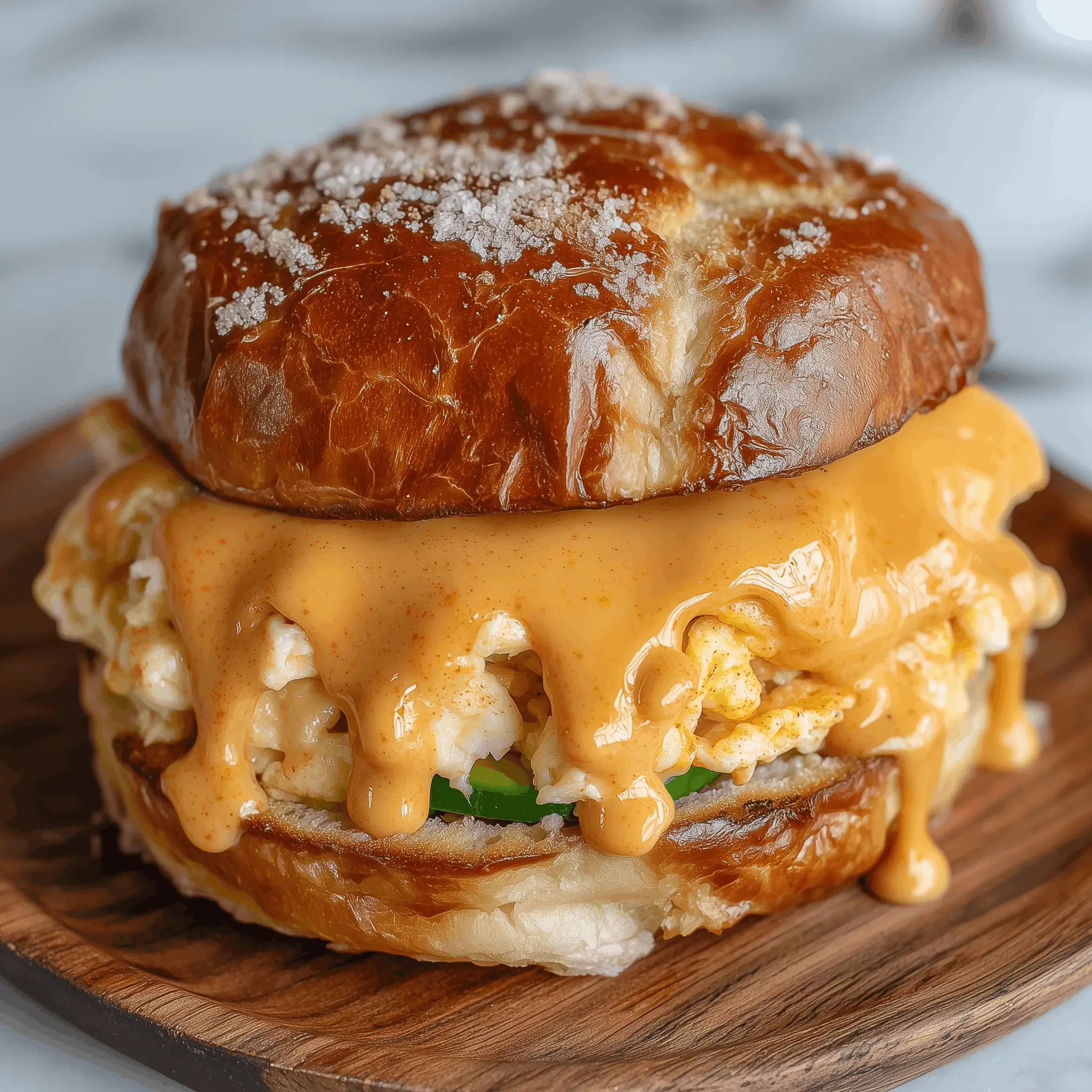 A close-up of a savory breakfast sandwich with a toasted brioche bun, filled with scrambled eggs, melted cheese, and a sausage patty, topped with a sprinkle of coarse salt.