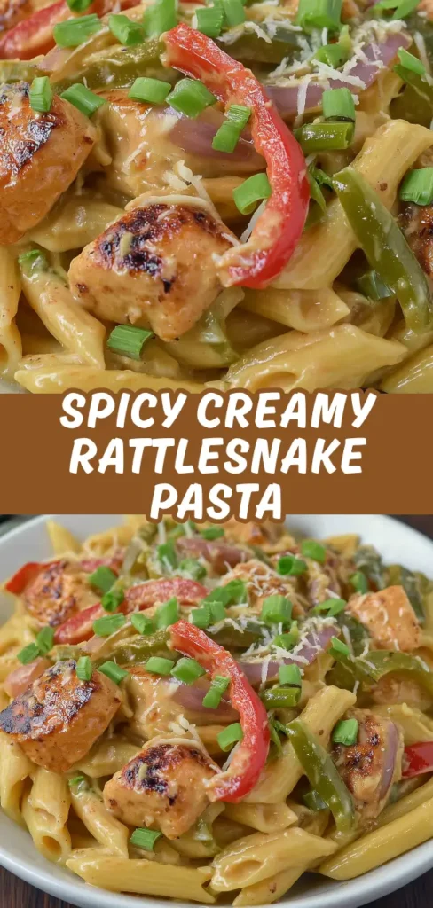 A close-up of spicy creamy rattlesnake pasta, featuring grilled chicken, red and green bell peppers, red onions, chopped green onions, and grated cheese, all coated in a creamy sauce.