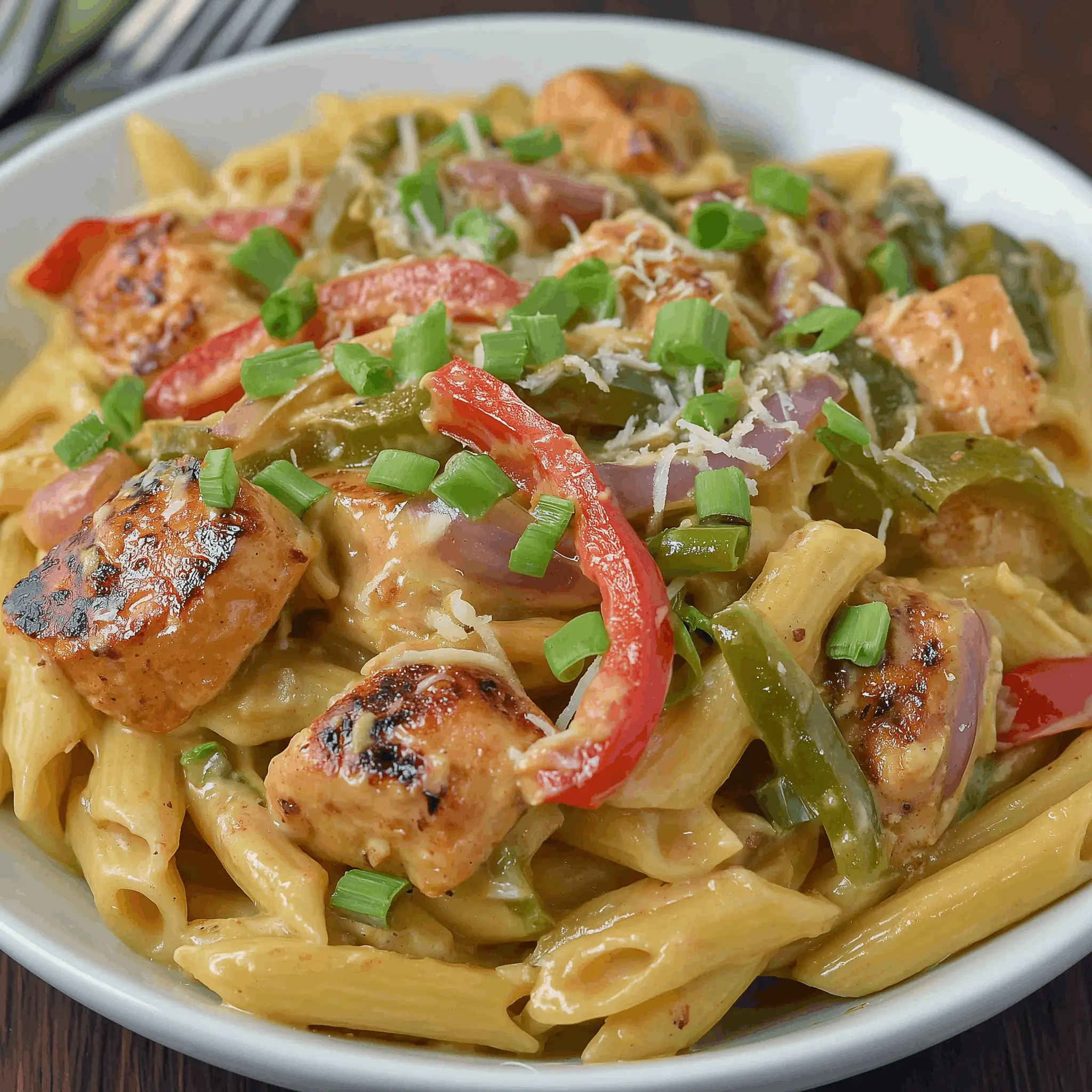 Creamy pasta with grilled chicken, red and green bell peppers, red onions, topped with chopped green onions and grated cheese.