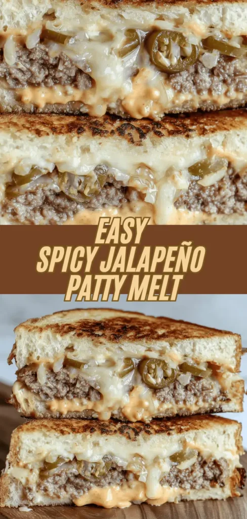 spicy jalapeño patty melt sandwich showing melted cheese, seasoned ground beef patty, and sliced jalapeños between toasted bread slices.