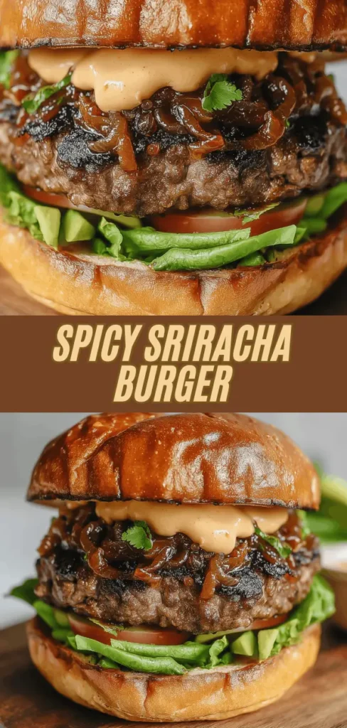 Close-up of a juicy spicy sriracha burger with caramelized onions, fresh lettuce, tomato slices, melted cheese, and a toasted bun.