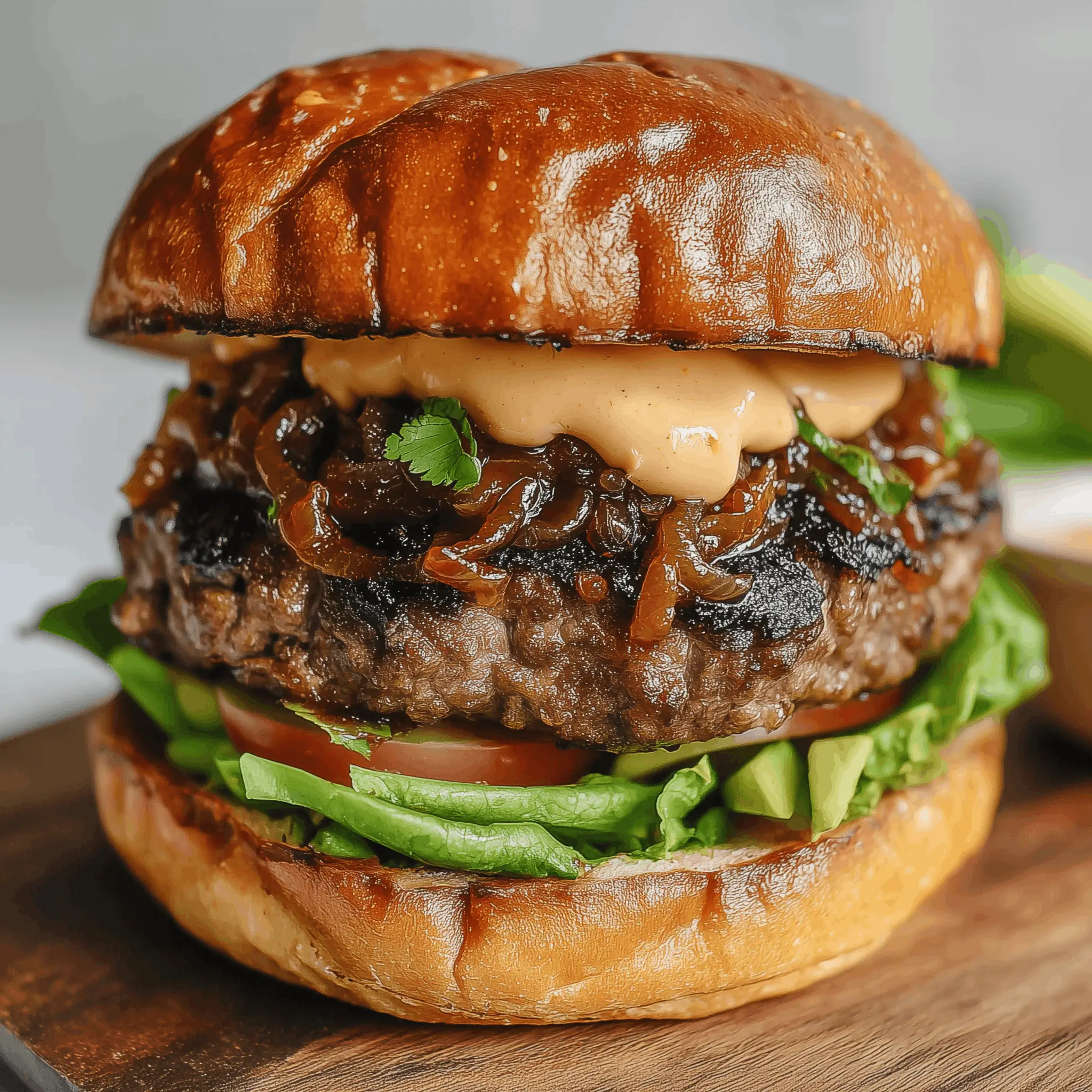 Juicy burger topped with caramelized onions, fresh lettuce, tomato slices, and melted cheese, served on a toasted bun.