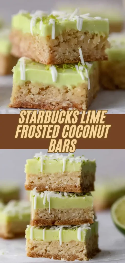 Stack of Starbucks Lime Frosted Coconut Bars with lime frosting, coconut base, and white chocolate drizzle, with lime slices in the background.