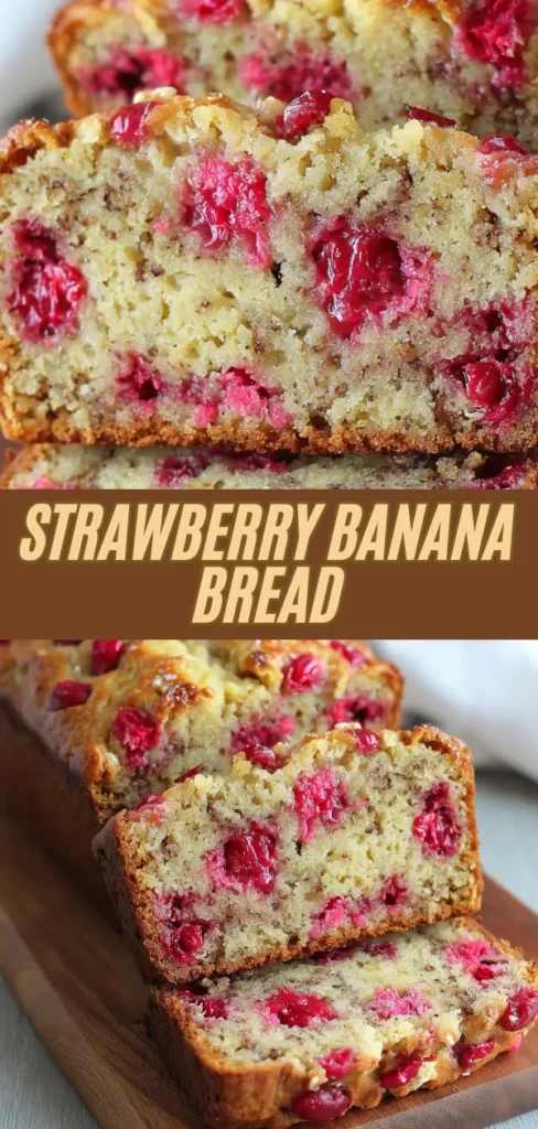Sliced cherry banana bread with a golden crust and a moist interior filled with bright red cherries, placed on a wooden board.