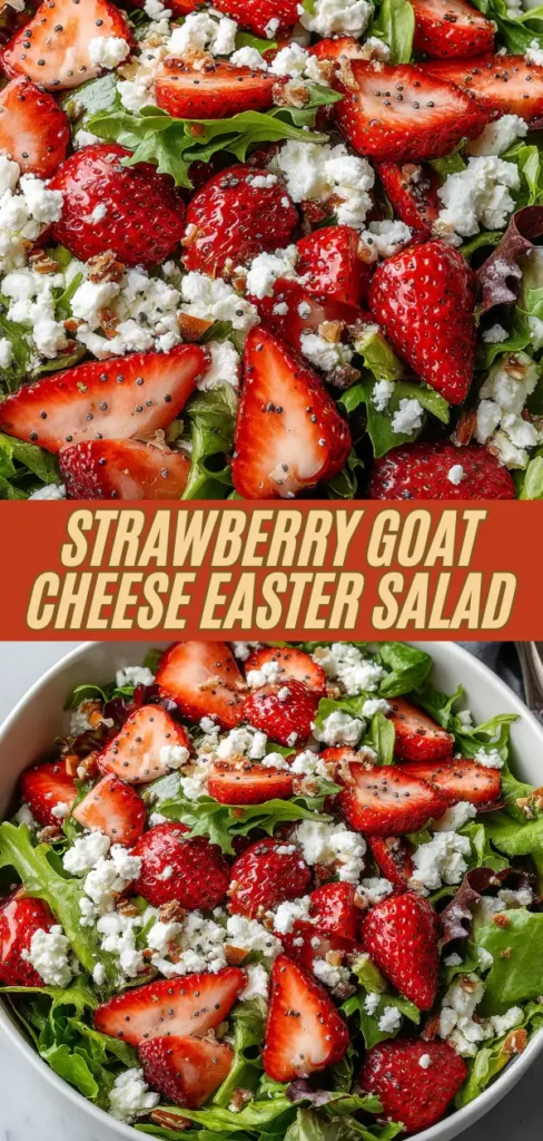 Fresh Easter-inspired salad in a white bowl, overflowing with vibrant sliced strawberries, crumbled creamy goat cheese, toasted candied pecans, poppy seeds, and a colorful mix of arugula, spinach, and red leaf lettuce