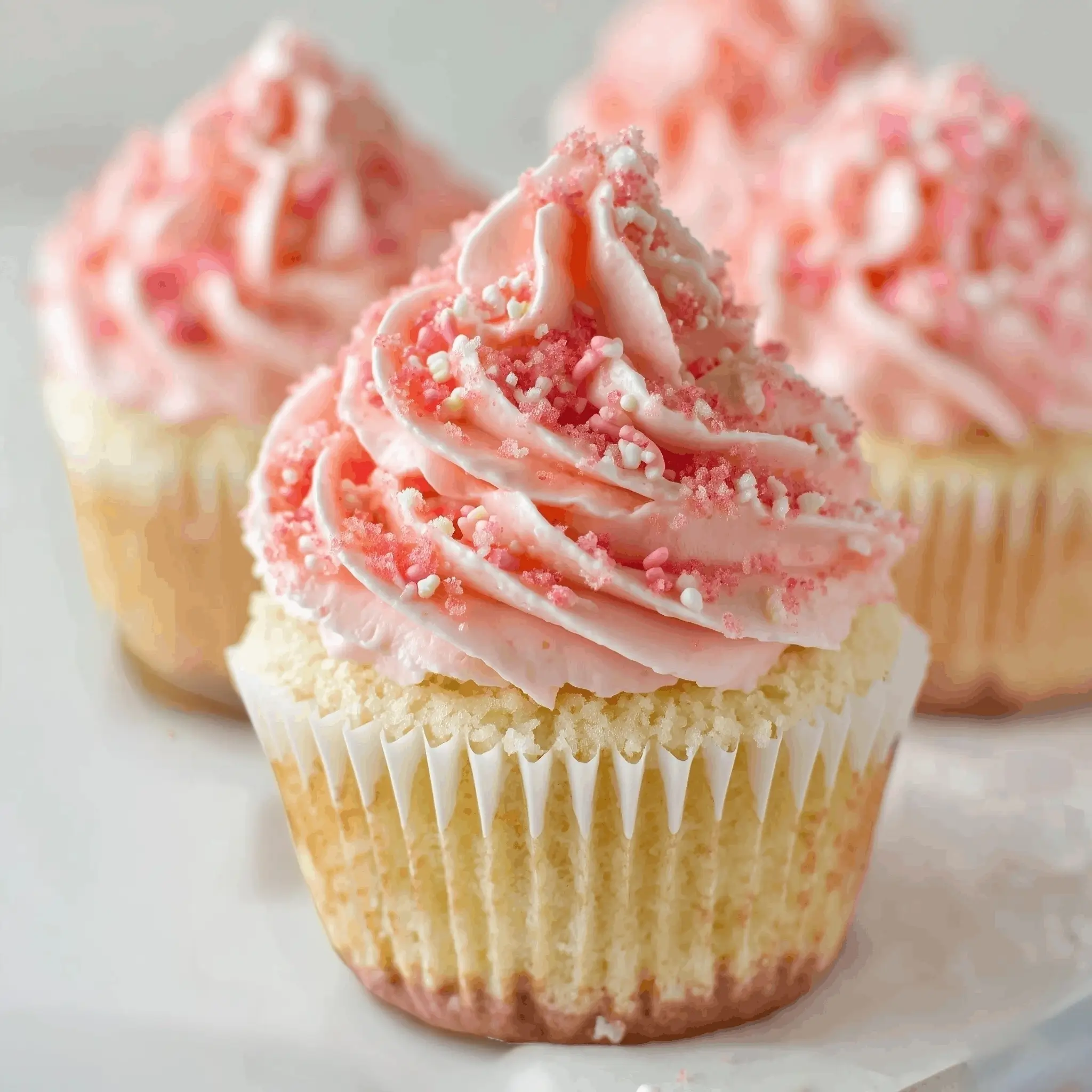 Close-up of three pink frosted cupcakes with swirled icing and sprinkles, featuring a soft, fluffy texture with a pastel pink color.