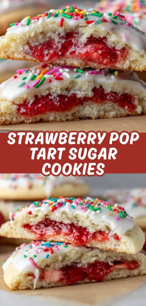 Close-up of a strawberry pop tart sugar cookie, showing the inside with bright red strawberry filling and a crumbly cookie exterior, topped with white icing and colorful sprinkles.