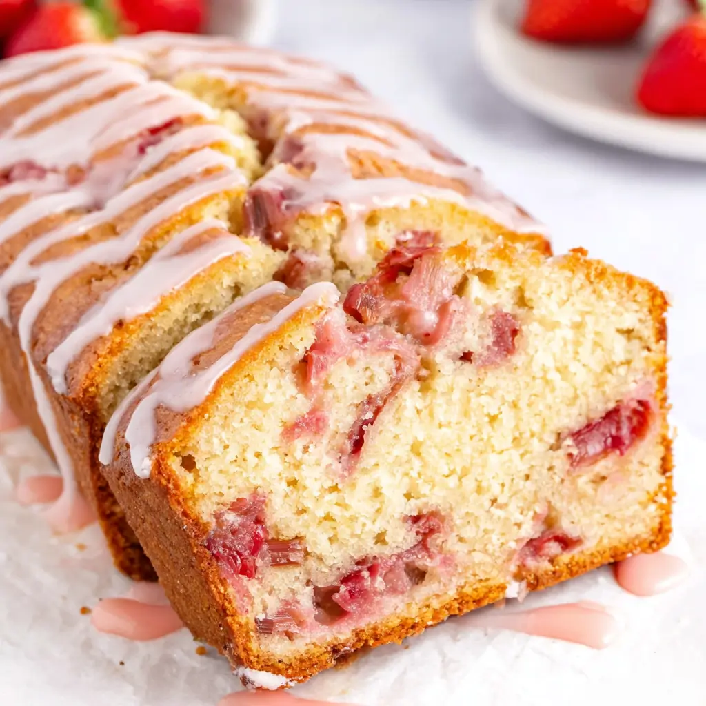 Sliced vanilla cake with pink rhubarb pieces and white icing drizzle on top, on a white surface.