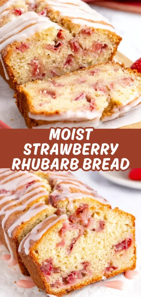 A close-up of moist strawberry rhubarb bread with a white glaze drizzle on top, sliced to reveal chunks of strawberries and rhubarb inside, presented on a white surface.