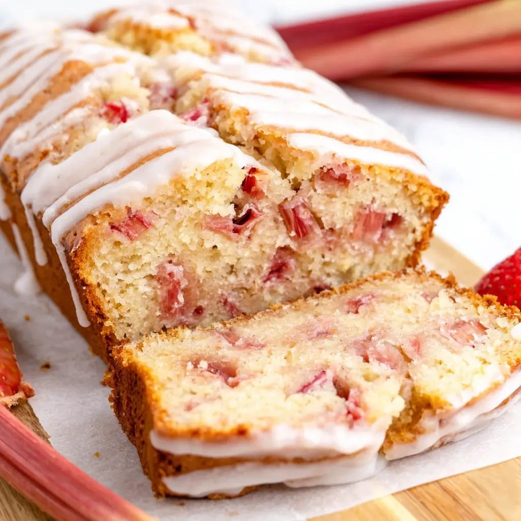 Sliced strawberry cake with white icing drizzled on top, showing pieces of strawberries inside, served on a wooden tray.