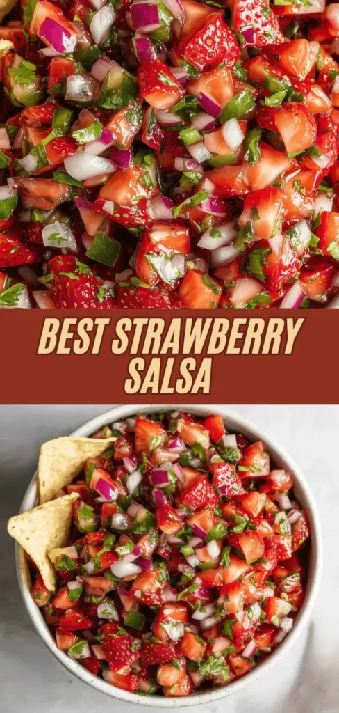 bowl of vibrant strawberry salsa mixed with chopped red onions, green peppers, and herbs, served with tortilla chips on the side.