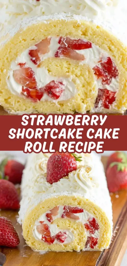 A close-up of a strawberry shortcake cake roll filled with cream and strawberries, topped with whipped cream and a fresh strawberry, with more strawberries in the background.
