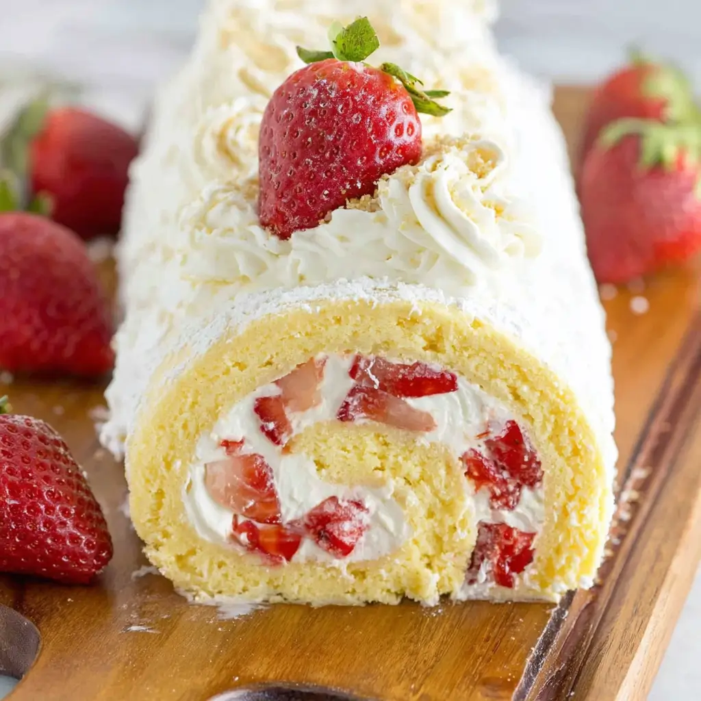 Close-up of a strawberry Swiss roll cake with cream filling and fresh strawberries, topped with whipped cream and a whole strawberry with a mint leaf.