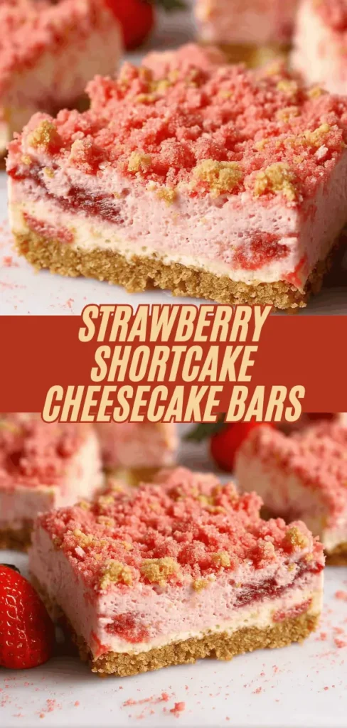 strawberry shortcake cheesecake bar with a crumbly crust, layered with pink strawberry-flavored filling and topped with strawberry crumbs.