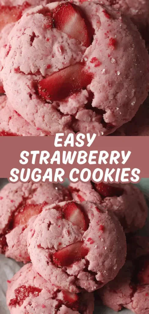 Close-up of pink strawberry sugar cookies with chunks of fresh strawberries visible, showcasing their soft, crumbly texture and vibrant color.