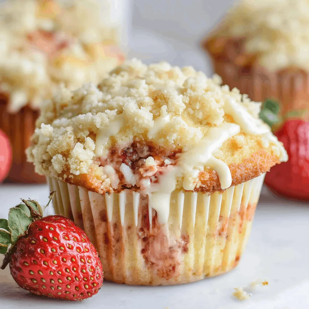 A close-up of a strawberry crumble muffin with crumb topping and icing drizzle, accompanied by fresh strawberries.