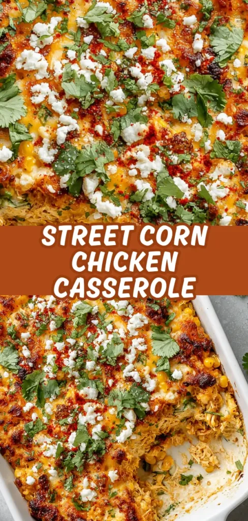 A close-up of a street corn chicken casserole topped with crumbled cheese and fresh cilantro, with a portion served showing layers of shredded chicken, corn, and melted cheese inside.
