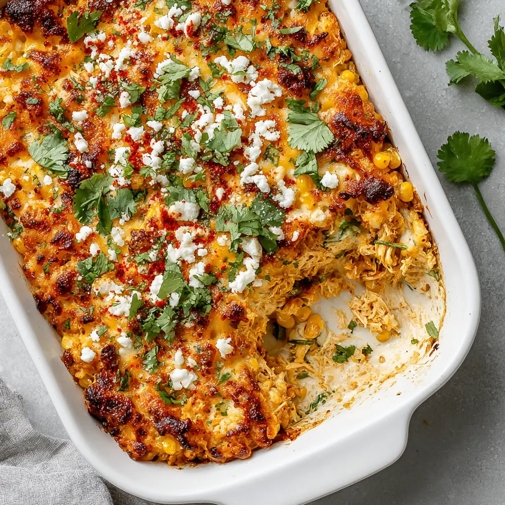 A close-up of a baked casserole dish topped with crumbled cheese, chopped cilantro, and a sprinkle of red chili powder. A portion has been served, revealing layers of shredded chicken, corn, and sauce inside.