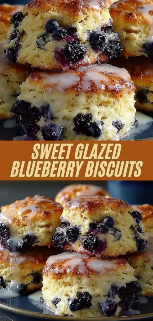 Close-up of freshly baked blueberry biscuits topped with a light glaze, showcasing juicy blueberries embedded in the flaky, golden biscuit texture.