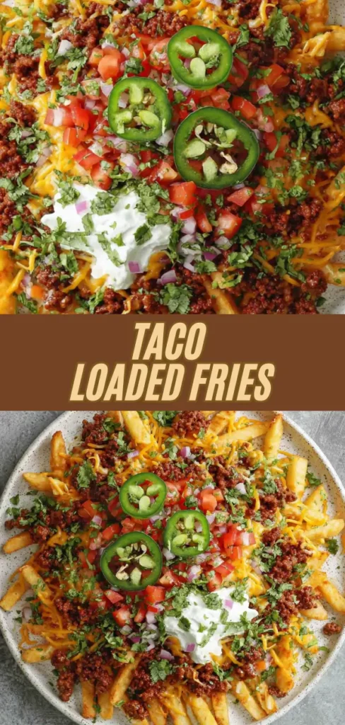 Taco loaded fries topped with seasoned ground beef, shredded cheese, chopped tomatoes, onions, sliced jalapeƱos, fresh cilantro, and a dollop of sour cream, served on a white plate.