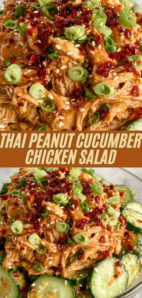 A colorful Thai peanut cucumber chicken salad topped with chopped green onions and sesame seeds, served with fresh cucumber slices.