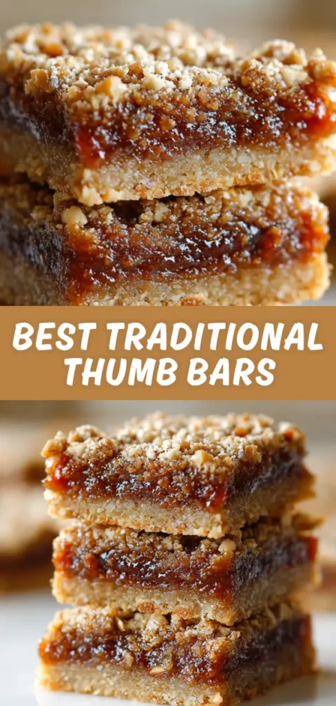 Close-up of stacked traditional thumb bars with a caramelized fruit filling and a crumbly topping, dusted with powdered sugar.