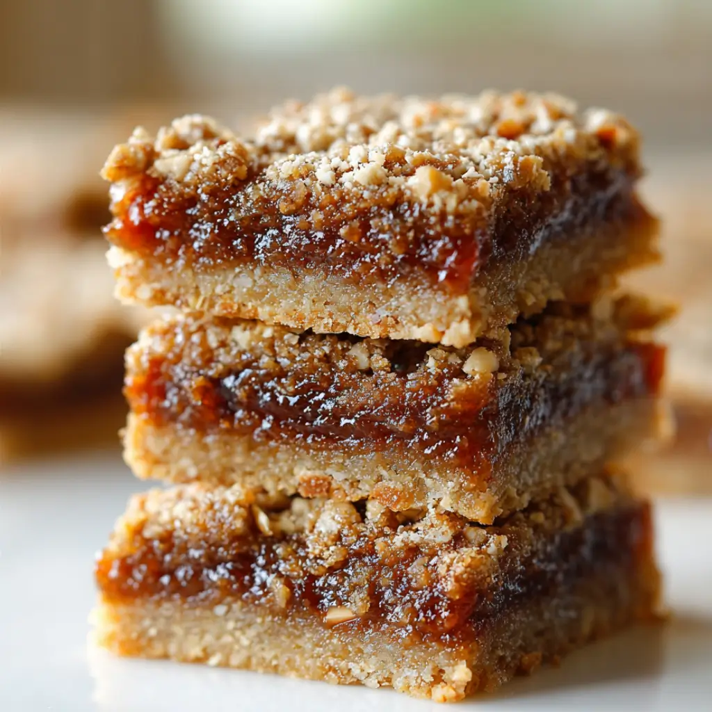 Close-up of three stacked bars of pecan pie bars, showing a crumbly crust, caramel filling, and chopped pecans on top, dusted with powdered sugar.