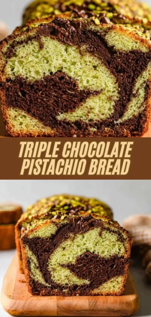 Slice of Triple Chocolate Pistachio Bread with a marbled chocolate and pistachio swirl, topped with chopped pistachios and chocolate chips.