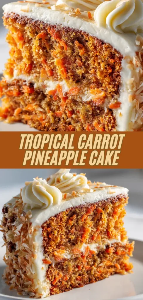 Slice of tropical carrot pineapple cake with two thick, moist spiced layers studded with vibrant shredded carrots, crushed pineapple chunks, and chopped pecans, filled and frosted with smooth cream cheese frosting, generously coated in toasted coconut flakes, and topped with elegant piped whipped cream rosettes