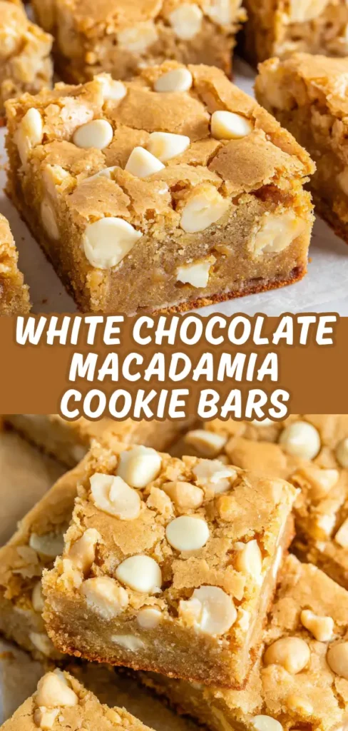 Close-up of white chocolate macadamia cookie bars with a golden-brown crust, topped with white chocolate chips and macadamia nuts, with more bars in the background.