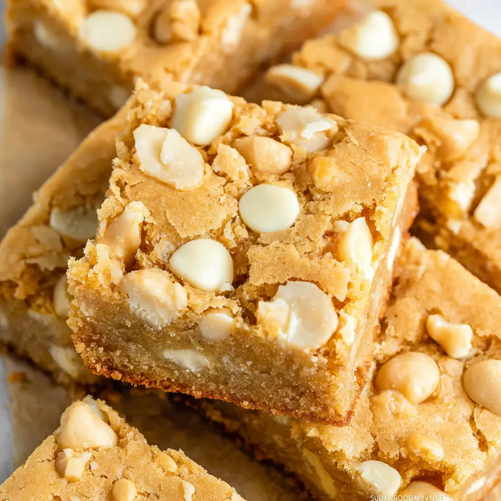 Close-up of white chocolate blondie squares topped with white chocolate chips, with a slightly crumbly texture.